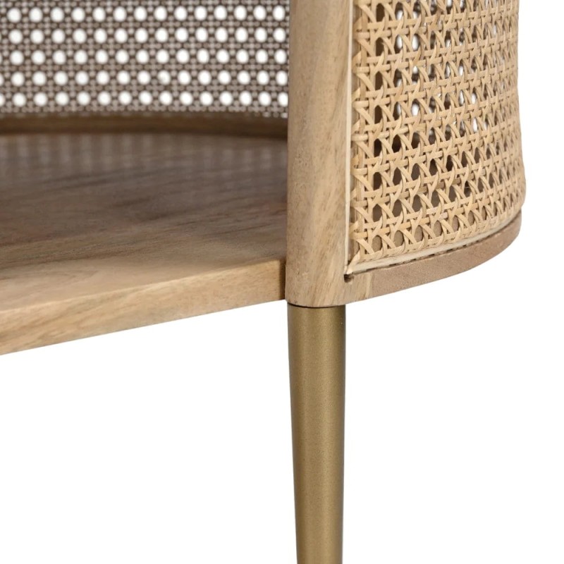 Large light wood coffee table with two surfaces and woven rattan detailing