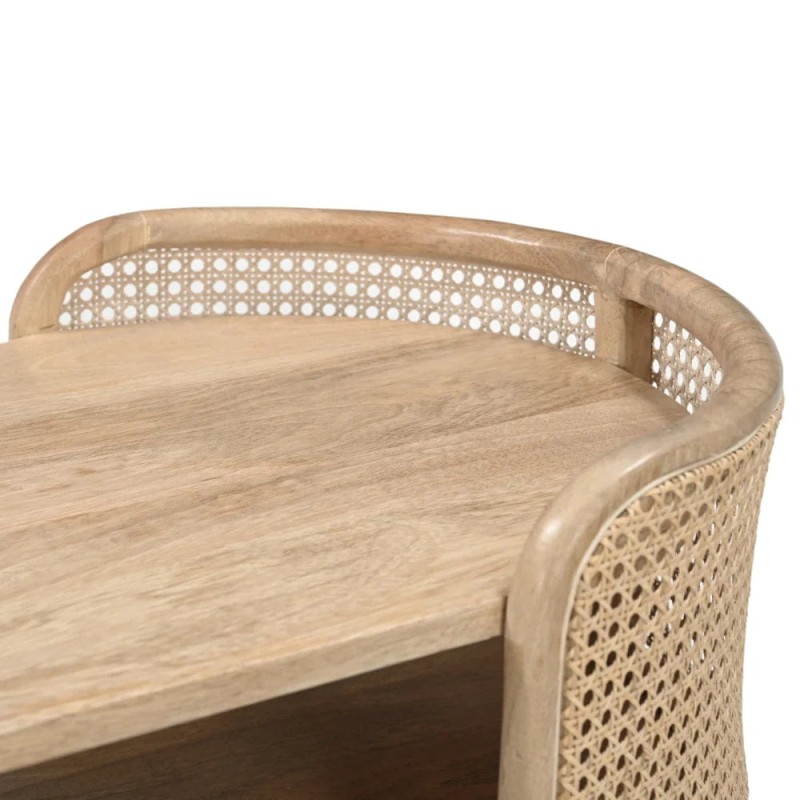 Large light wood coffee table with two surfaces and woven rattan detailing