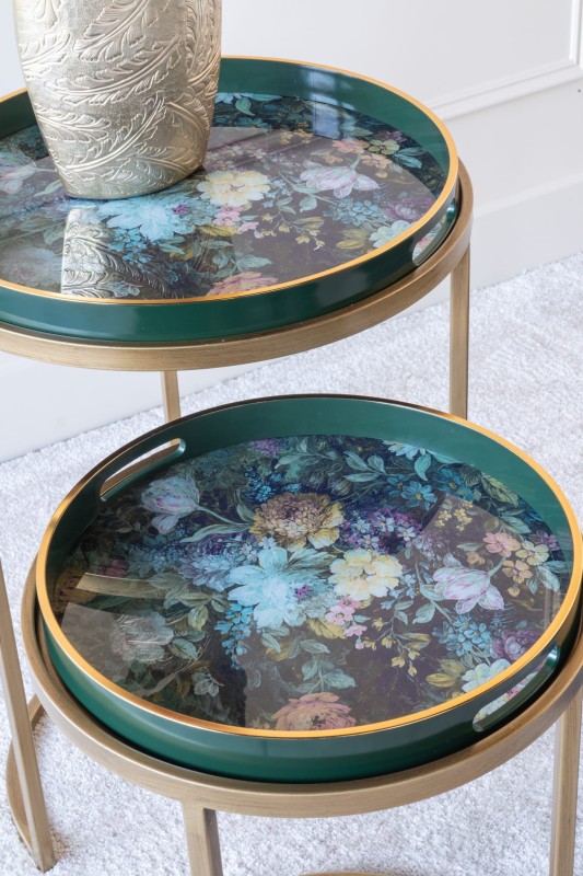 Dwa stoliki boczne Flower Green 69cm złote ze zdejmowanym blatem taca żelazo
