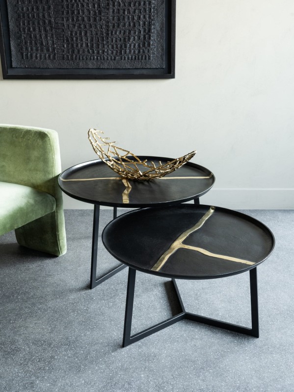Misty Black Coffee Tables Set - 72 cm & 62 cm, Black Aluminium with Golden Details