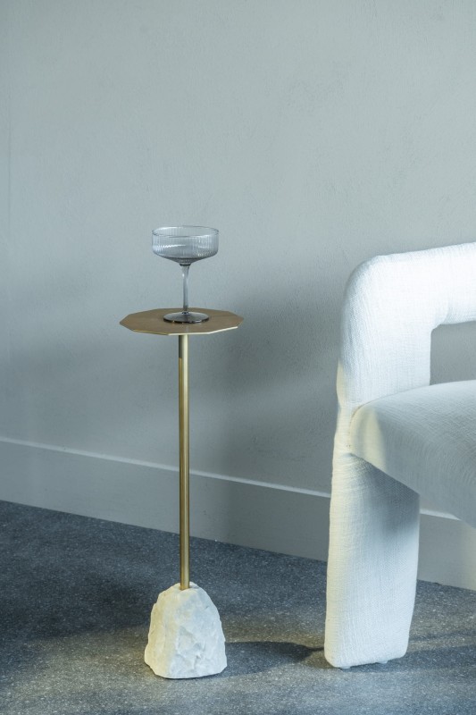 Maldon 58 cm Side Cocktail Table - Gold Top, White Quartz Stone Base