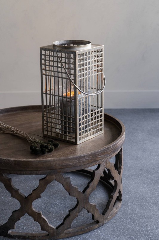Standing lantern with geometric antique gold frame