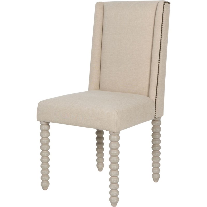 Robust Upholstered Ivory Dining Chair with Decorative Wooden Legs and Stitching