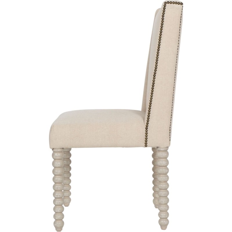 Robust Upholstered Ivory Dining Chair with Decorative Wooden Legs and Stitching