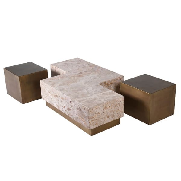 Cream marble coffee table with dark-gold side modules