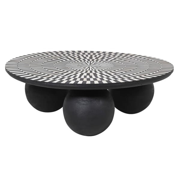 Kinnerton Coffee Table 96 cm Round Black and White Geometric Resin with Buffalo Bone
