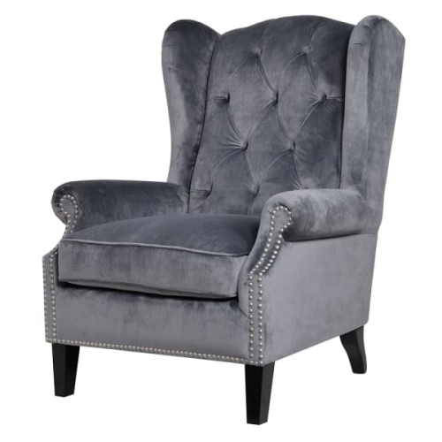 Elegance Velvet Wingback Armchair 103 cm Grey with Black Decorative Buttons and Legs
