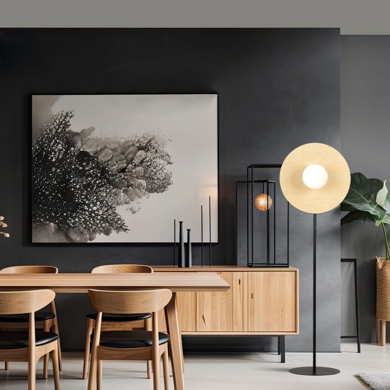 London Wooden I Modern Metal Floor Lamp 150 cm wood and white glass