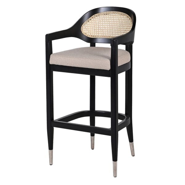 Chelsea Black cane bar stool with beige upholstered seat