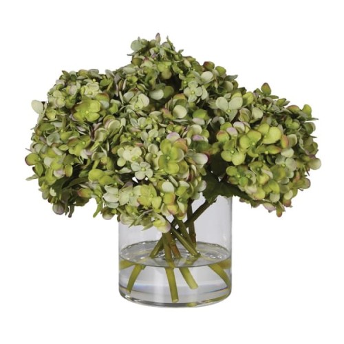 Green Artificial Hydrangeas in Glass Vase 35 cm