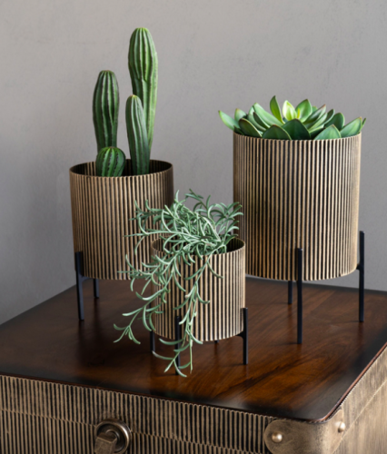 Set of 3 Kingston Gold Metal Planters on Black Stands