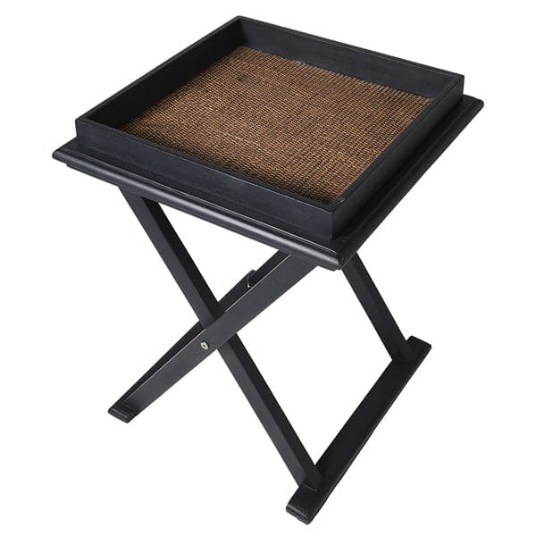 Zelten Side Table 54 cm Black Wooden Frame with Rattan Top and Crossed Legs