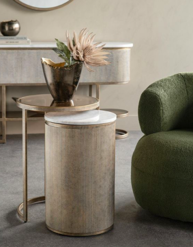 Primrose Set of Two Side Tables in Antique Gold with Marble and Tinted Glass