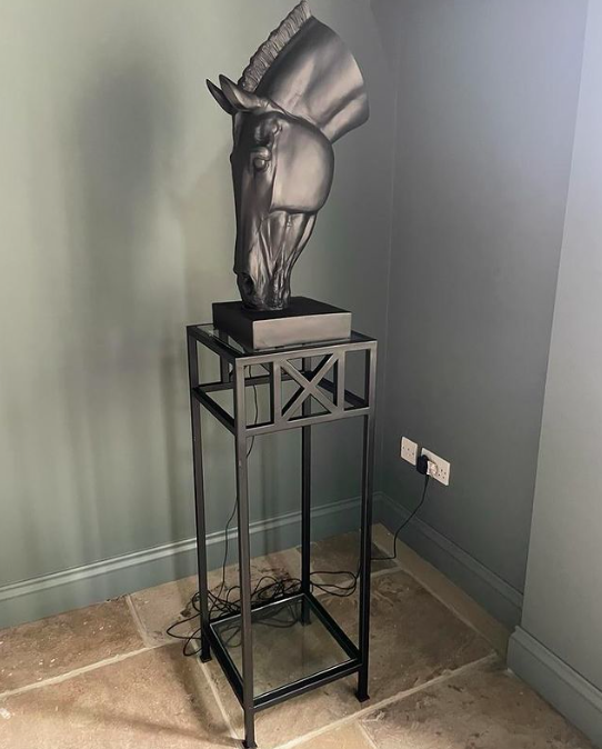 Large 70cm black horse sculpture on a rectangular base
