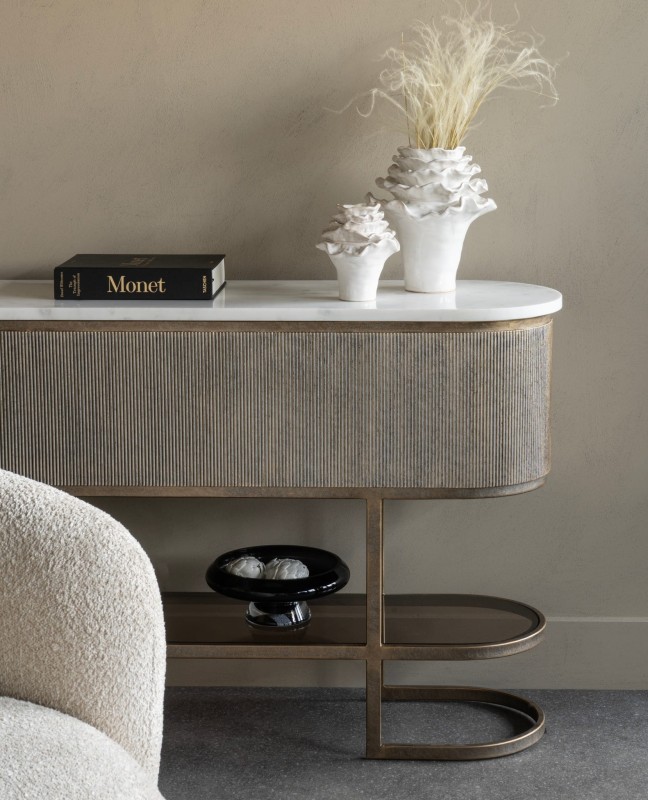 Primrose 135 cm Gold Console Table with Gold Base and Marble Top