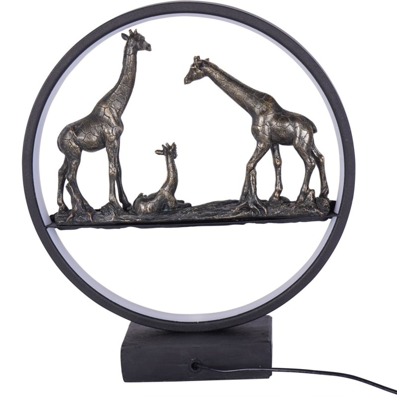 Two adult giraffes and a calf within a circular frame