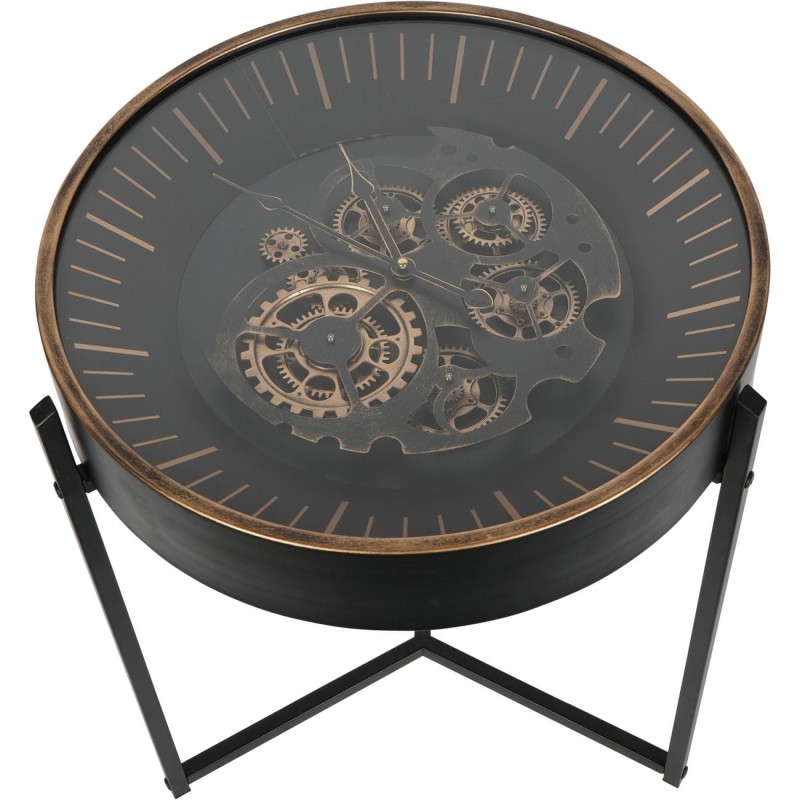 Side table with exposed clock mechanism beneath the glass