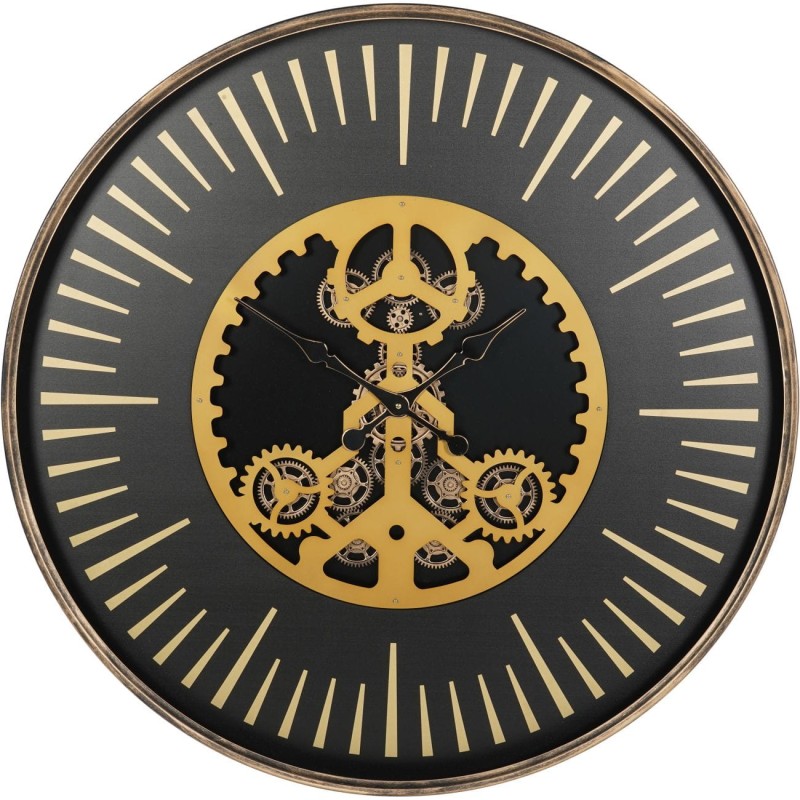 Large metal wall clock with exposed gold moving mechanism