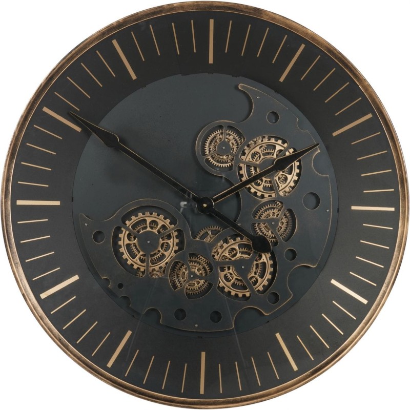 Large metal wall clock with exposed gold moving mechanism