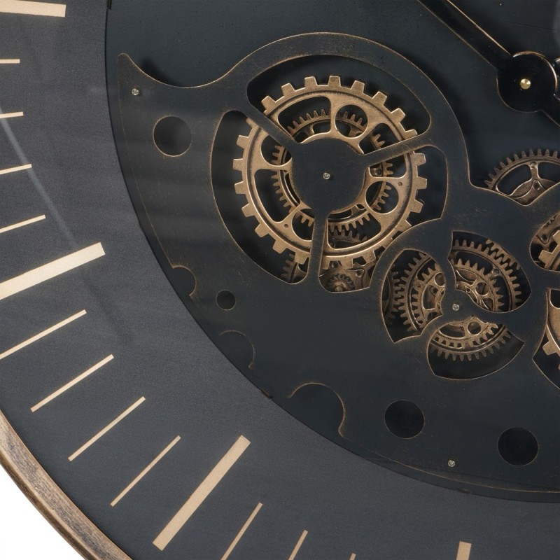 Large metal wall clock with exposed gold moving mechanism