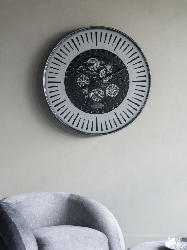 Ennismore Silver 100 cm large silver wall clock Moving Cogs