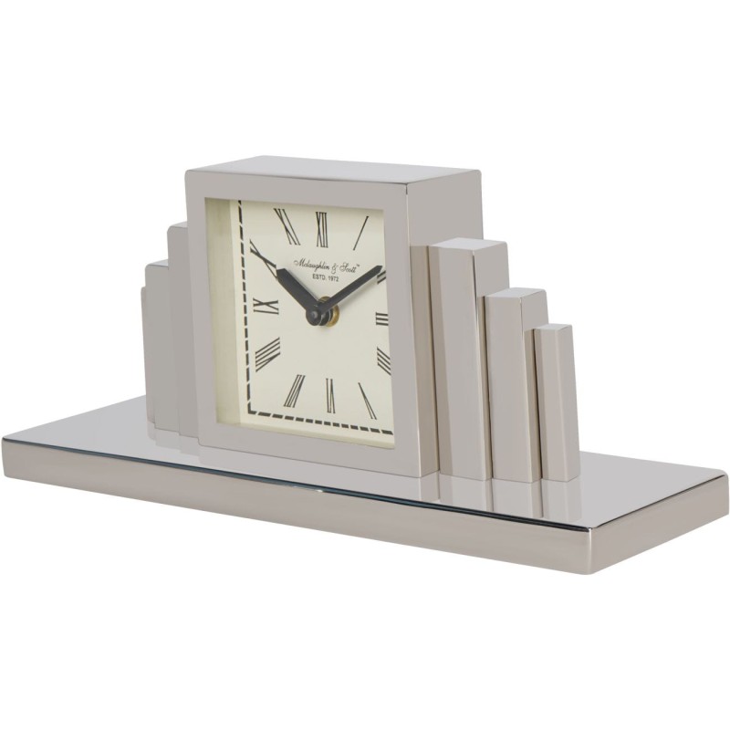 Steel table clock with white dial and black Roman numerals