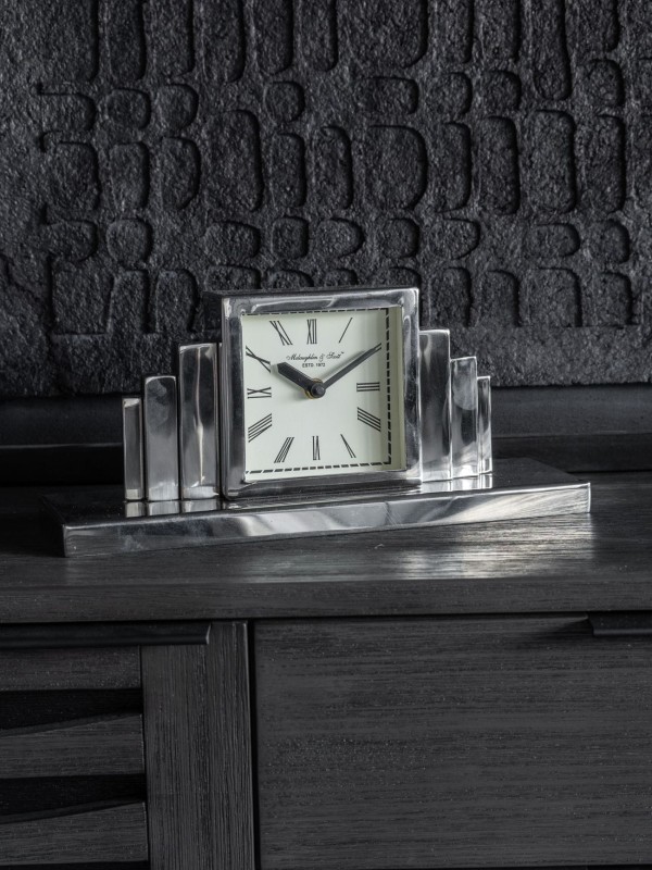 Art Deco silver mantel clock 34.5 cm in polished steel