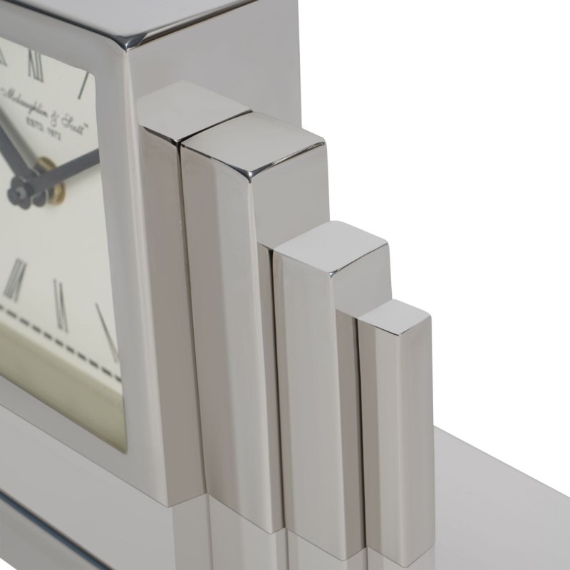 Art Deco mantel clock with polished silver finish