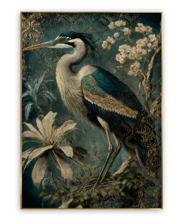 Heron Glass Wall Art – Gold-Framed Artwork Behind Glass, 80x120 cm