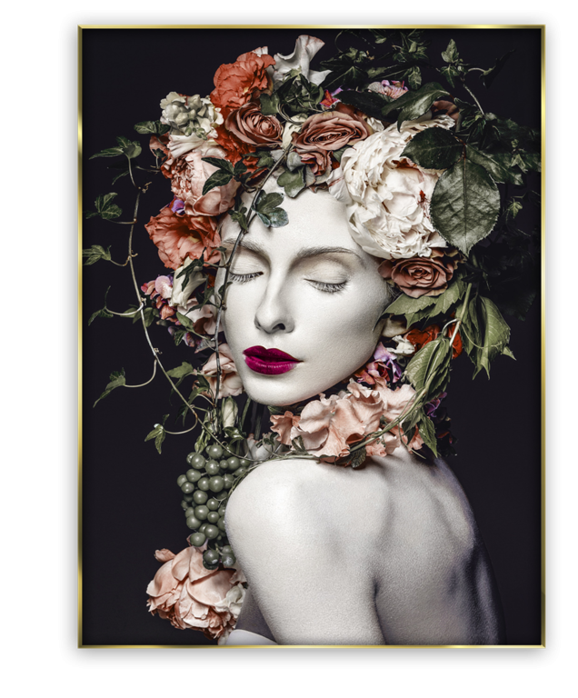 Flower Crown glass wall art 80x120 cm with female portrait