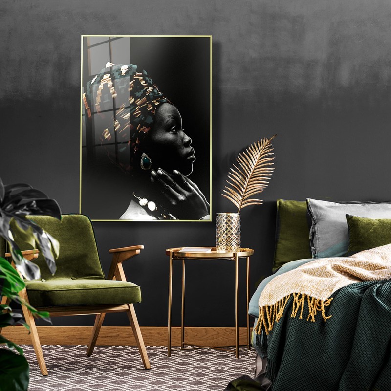 Modern glass wall art print Oriental Glow with gold frame for living room