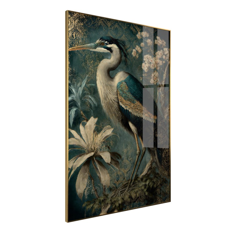 Heron Glass Wall Art – Gold-Framed Artwork Behind Glass, 80x120 cm