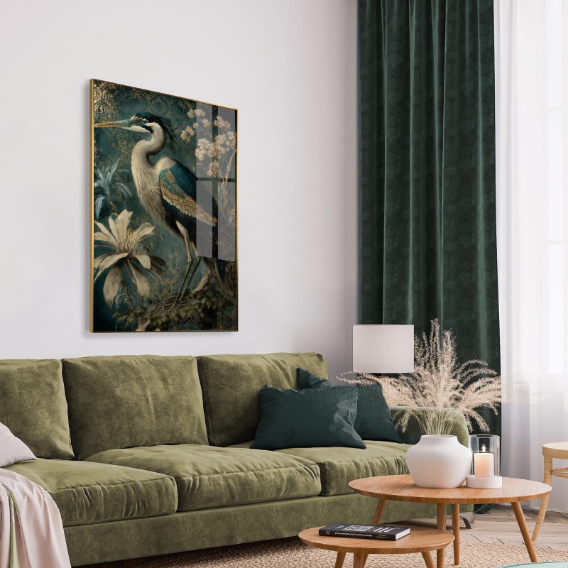 Heron Glass Wall Art – Gold-Framed Artwork Behind Glass, 80x120 cm