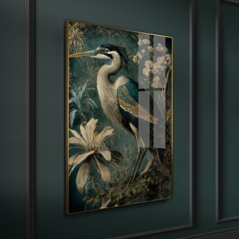 Heron Glass Wall Art – Gold-Framed Artwork Behind Glass, 80x120 cm