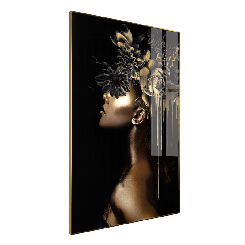 Black and gold glass wall art with female portrait and gold flowers