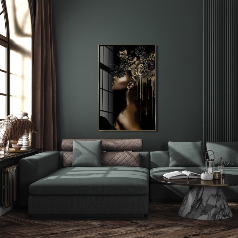 Black and gold glass wall art with female portrait and gold flowers