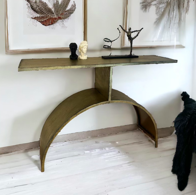 Antique gold iron console table with curved base