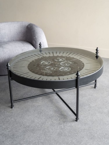 Clock Black Round Coffee Table 100 cm Metal with Glass Top and Clock Mechanism