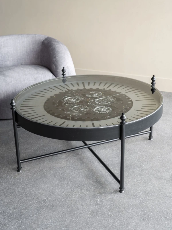 Clock Black round coffee table 100 cm with working clock
