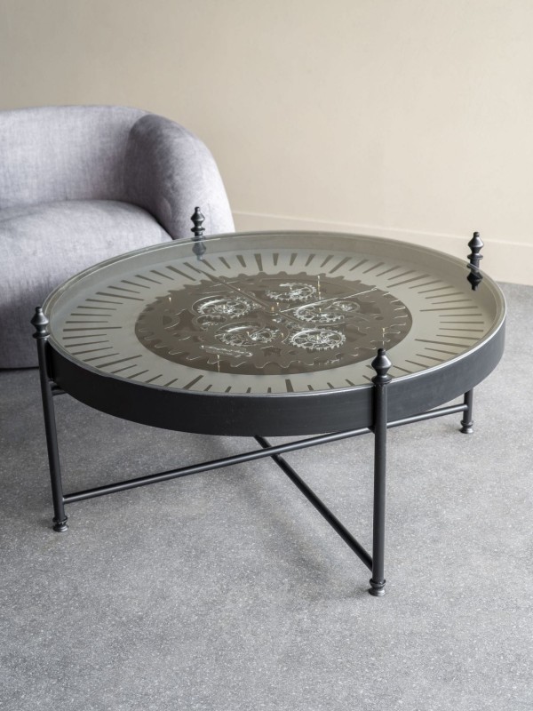 Okrągły stolik kawowy Clock Black 100 cm metalowy szklany blat zegar z mechanizmem