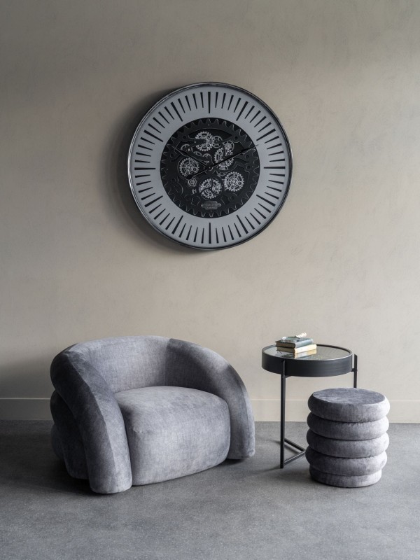 Clock Black Round Side Table 47.5 cm Metal with Glass Top and Clock Mechanism