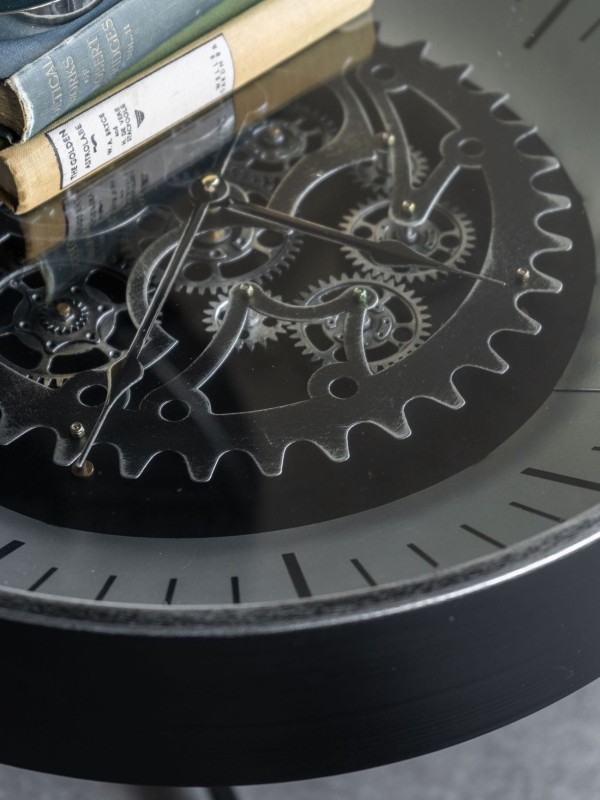 Clock Black Round Side Table 47.5 cm Metal with Glass Top and Clock Mechanism