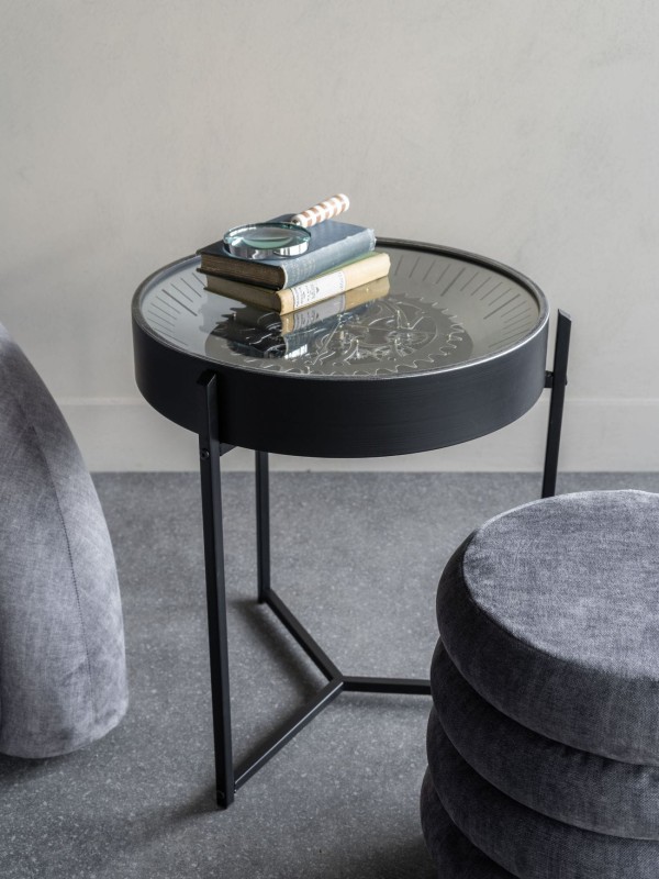 Clock Black Round Side Table 47.5 cm Metal with Glass Top and Clock Mechanism