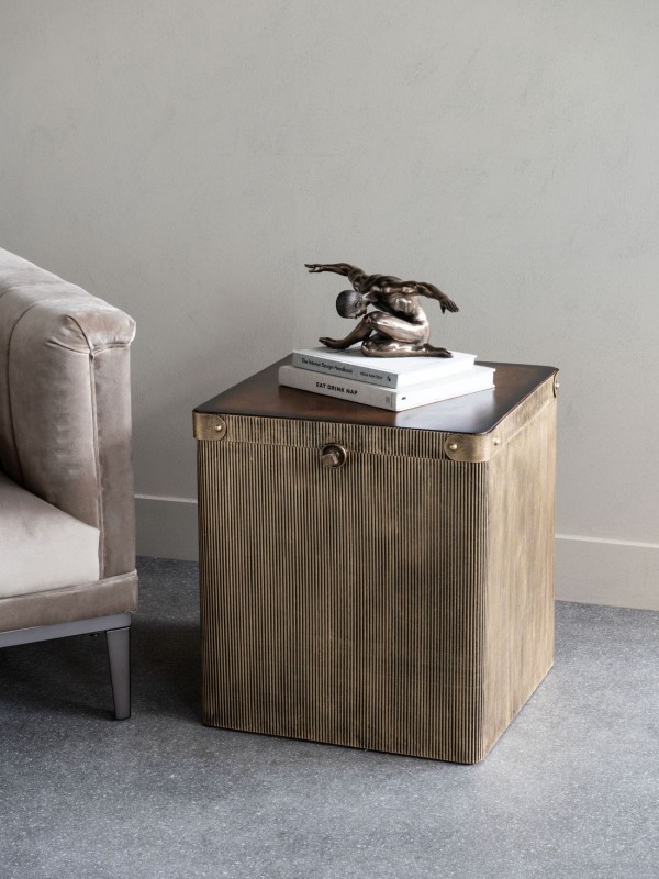 Hunter Side Table with Storage 61cm Gold Metal Embossed Base Wooden Top