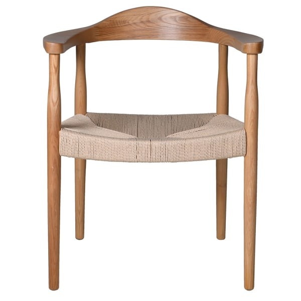 Oak dining chair with curved arms and neutral rope seat by K&B London