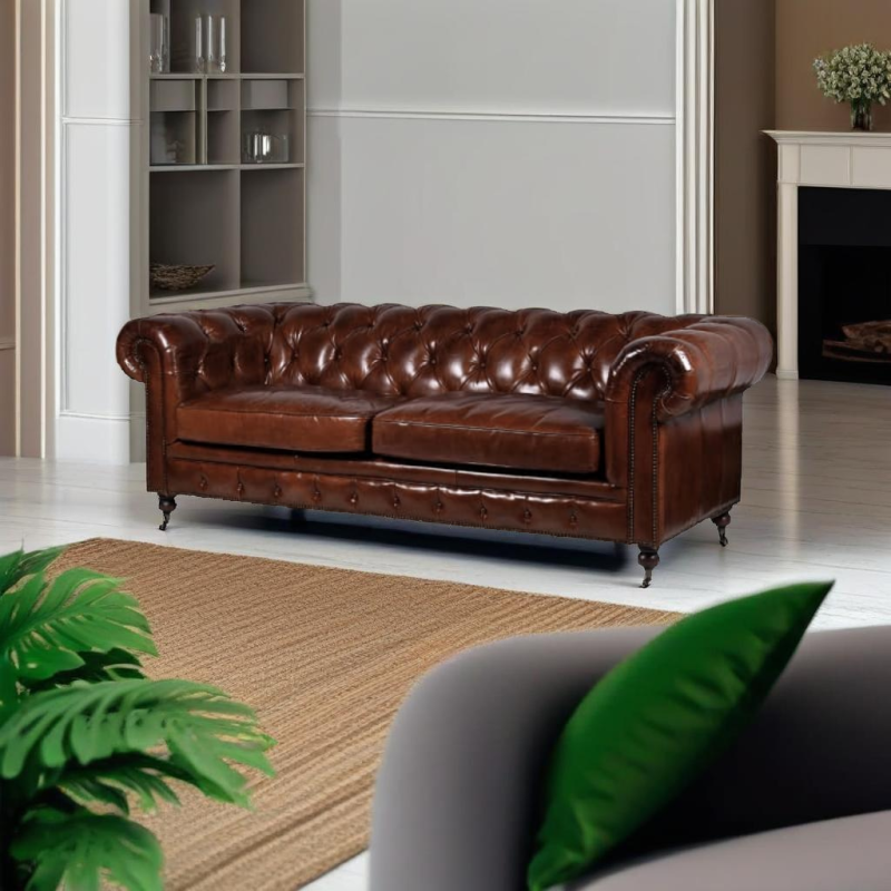 Chesterfield Leather Sofa in Brown 3-seater 224 cm - Brown Leather