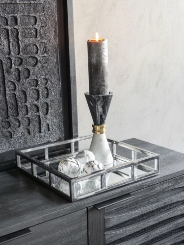 Marble L Black and White Marble Candle Holder 25 cm with Brass Detail