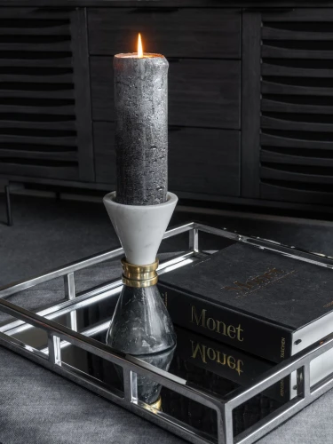 Marble M Black and White Marble Candle Holder 19 cm with Brass Detail