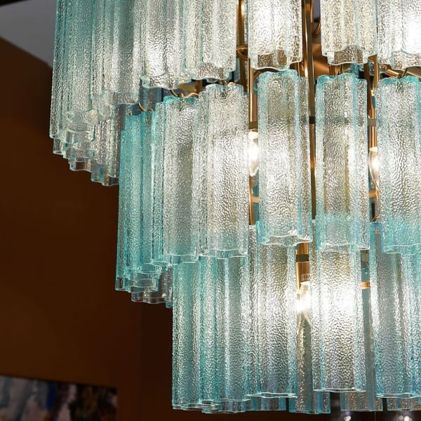 Blue glass panels on the Maldon Blue chandelier