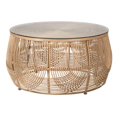 Rattan Natural Round Coffee Table – 77 cm Woven Rattan Base with Glass Top | Boho Designer Furniture by K&B London